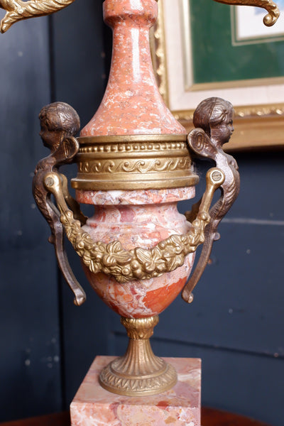 IMPERIAL Vintage Brass Bronze & Marble CHERUB Harp Mantel Clock Pair Candelabras