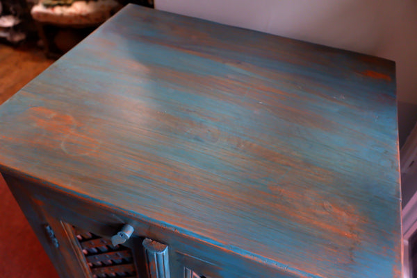 Indian Hardwood Vintage Teal Blue Painted Rustic Cabinet Cupboard Sideboard Unit