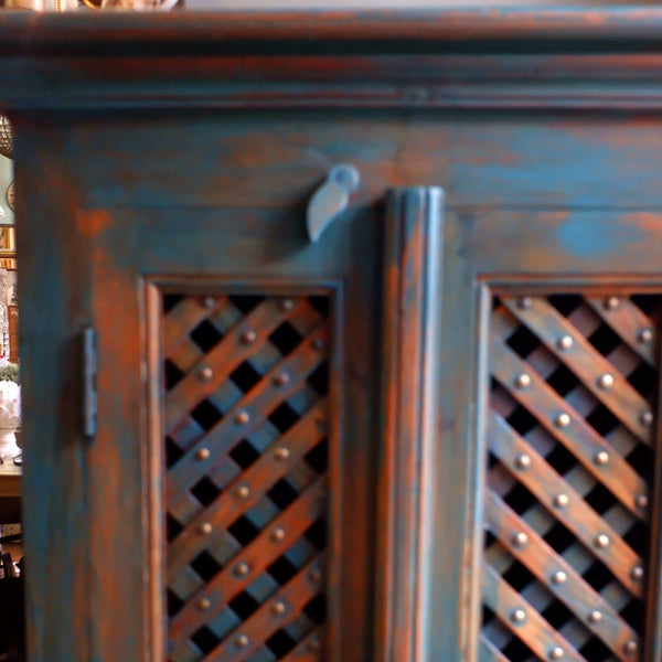 Indian Hardwood Vintage Teal Blue Painted Rustic Cabinet Cupboard Sideboard Unit