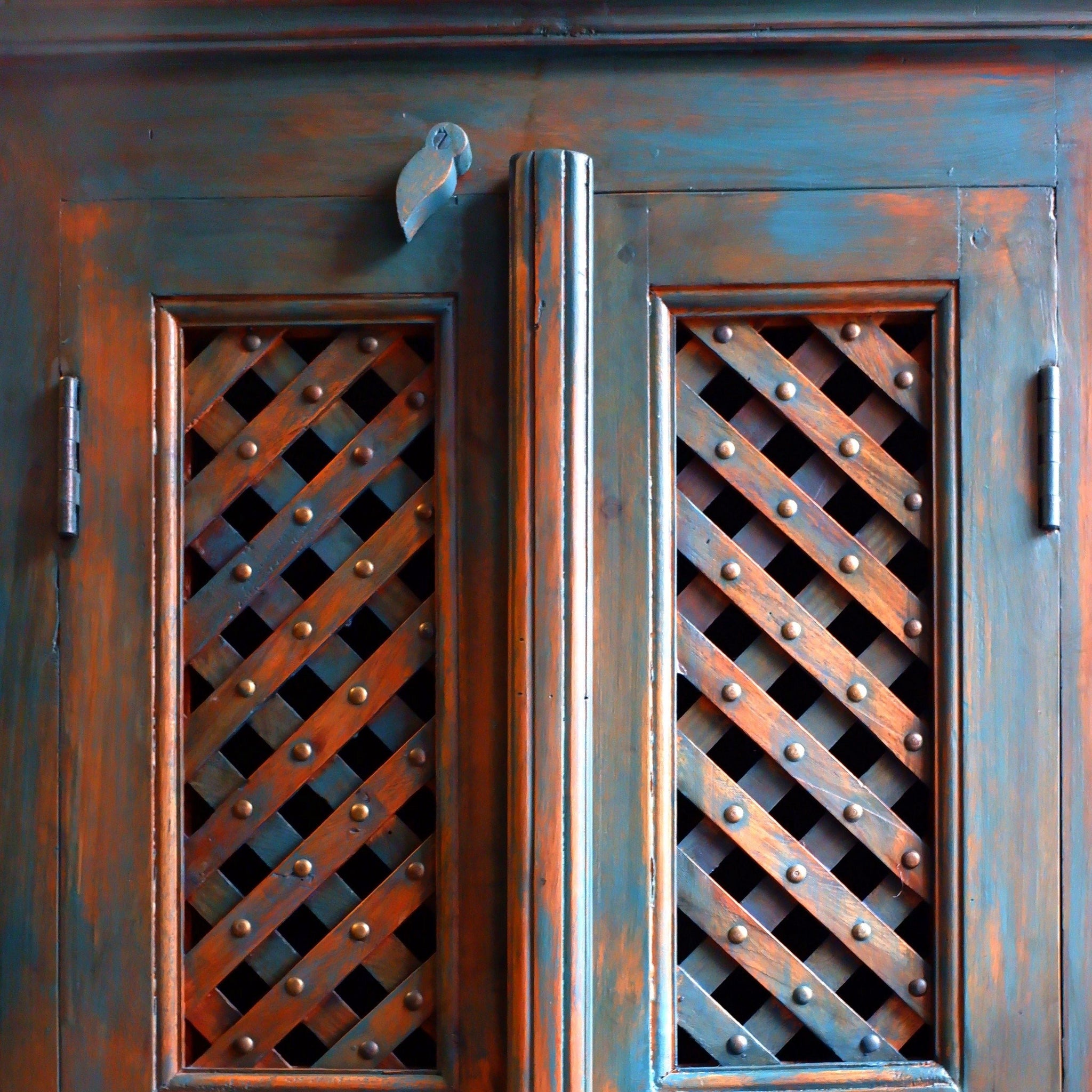 Indian Hardwood Vintage Teal Blue Painted Rustic Cabinet Cupboard Sideboard Unit