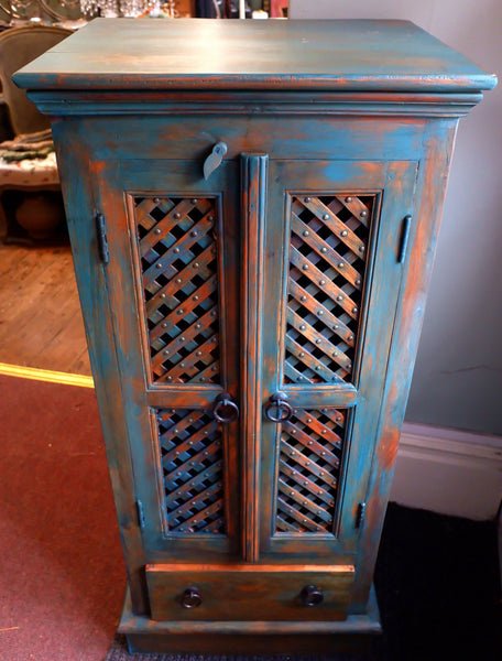 Indian Hardwood Vintage Teal Blue Painted Rustic Cabinet Cupboard Sideboard Unit