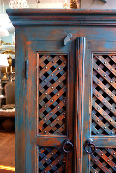 Indian Hardwood Vintage Teal Blue Painted Rustic Cabinet Cupboard Sideboard Unit