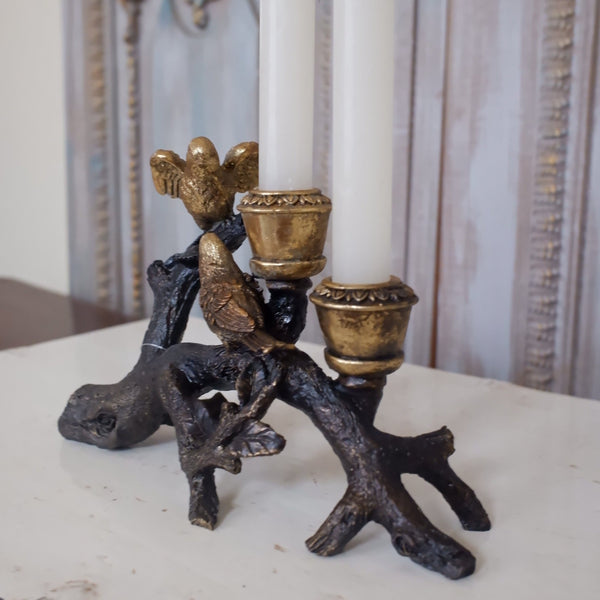 New Birds on Branch Vintage French Shabby Chic Rustic GOLD & Black Candlestick Candle Holder