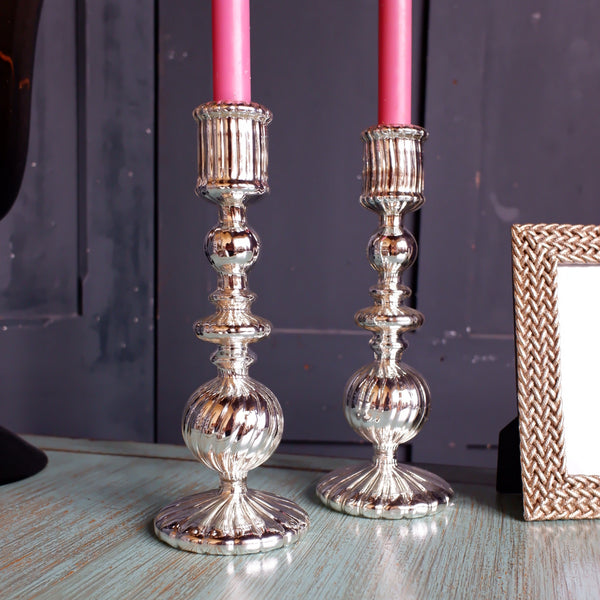 New Vintage French Silver Pillar MIRROR Candlestick Candle Holder