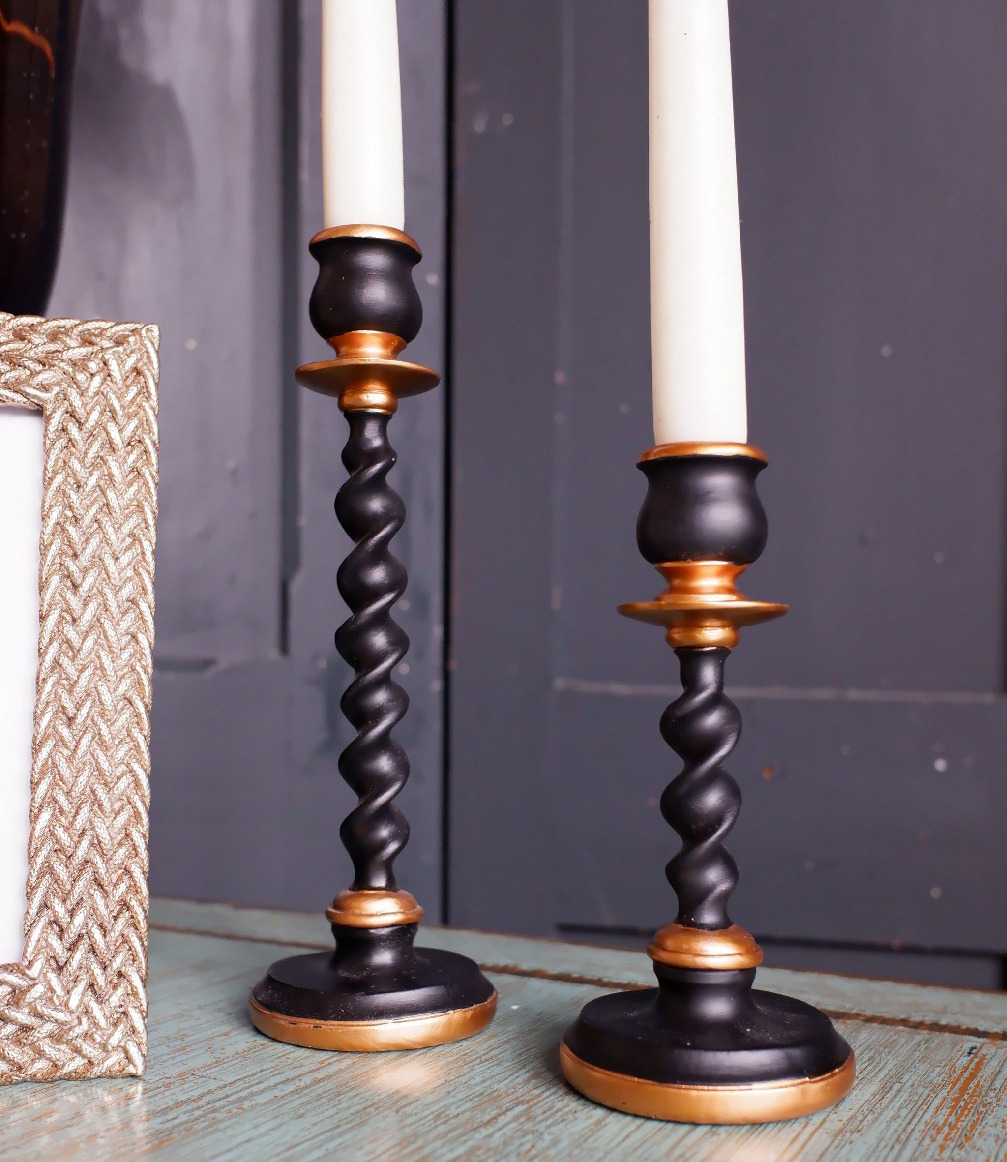 New Vintage French Shabby Chic Black & Gold Spiral Twist 