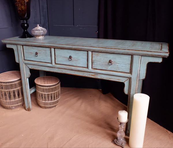 New Oriental Style TSANG Blue Rustic CONSOLE Table w/Drawers Hall Sideboard Unit