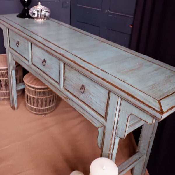 New Oriental Style TSANG Blue Rustic CONSOLE Table w/Drawers Hall Sideboard Unit