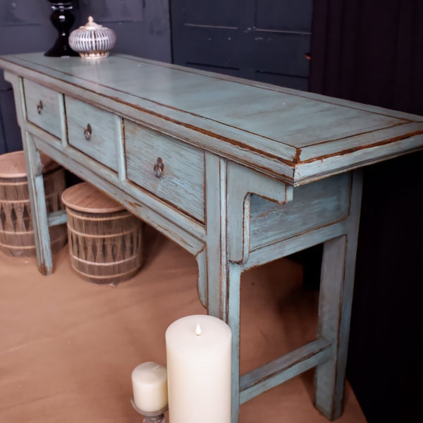 New Oriental Style TSANG Blue Rustic CONSOLE Table w/Drawers Hall Sideboard Unit