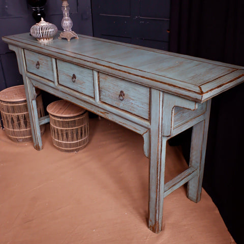 New Oriental Style TSANG Blue Rustic CONSOLE Table w/Drawers Hall Sideboard Unit