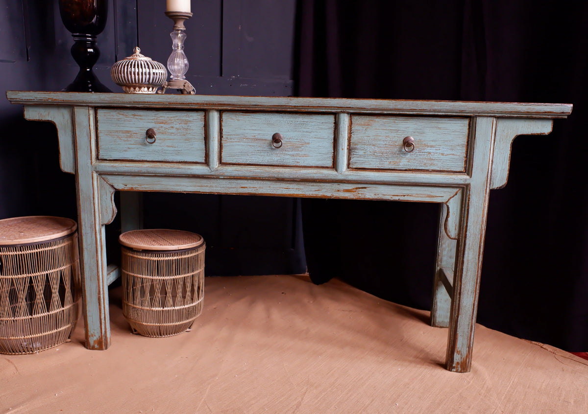 New Oriental Style TSANG Blue Rustic CONSOLE Table w/Drawers Hall Side ...