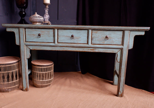 New Oriental Style TSANG Blue Rustic CONSOLE Table w/Drawers Hall Sideboard Unit