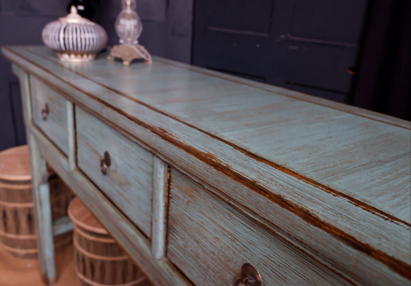 New Oriental Style TSANG Blue Rustic CONSOLE Table w/Drawers Hall Sideboard Unit