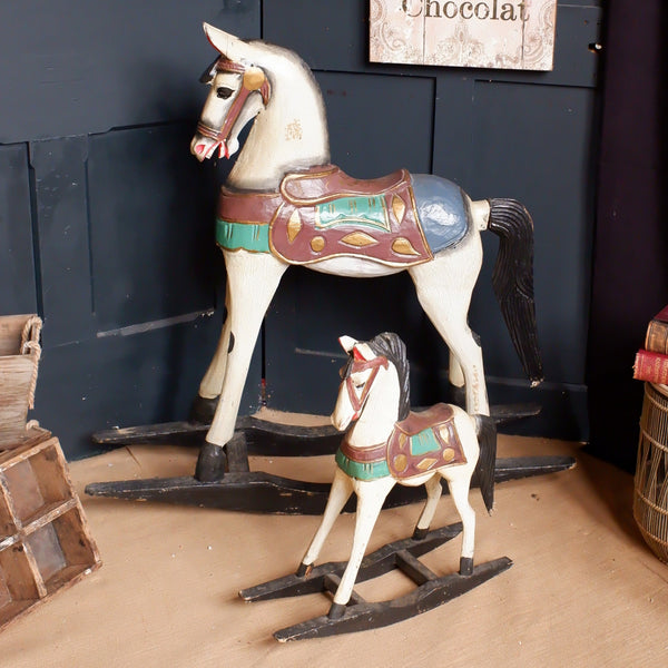 Vintage Wooden Rocking Horse Ornate Shabby Chic Rustic Decorative Painted Ornaments - 2 Sizes