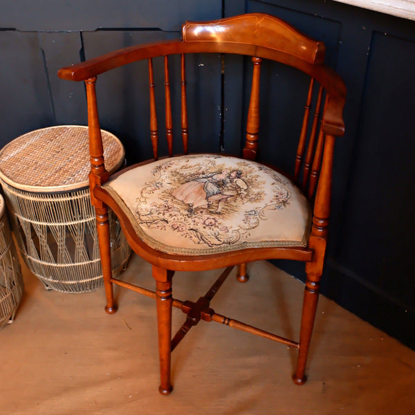 Antique Victorian Walnut CORNER Side Farmhouse Rustic Inlaid Chair Tapestry Seat