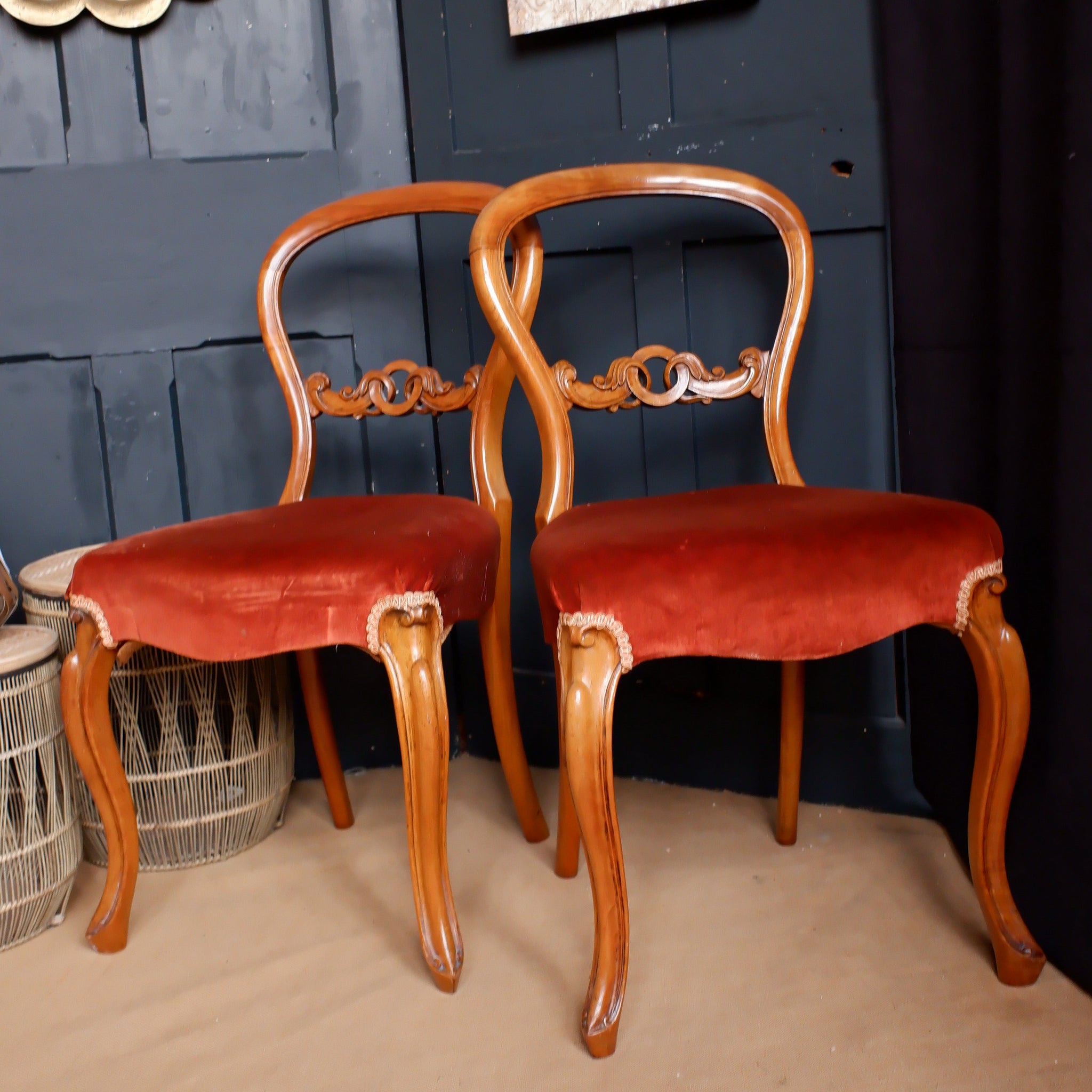Pair of Antique Victorian Dining Chairs WALNUT Wood Carved Balloon Back