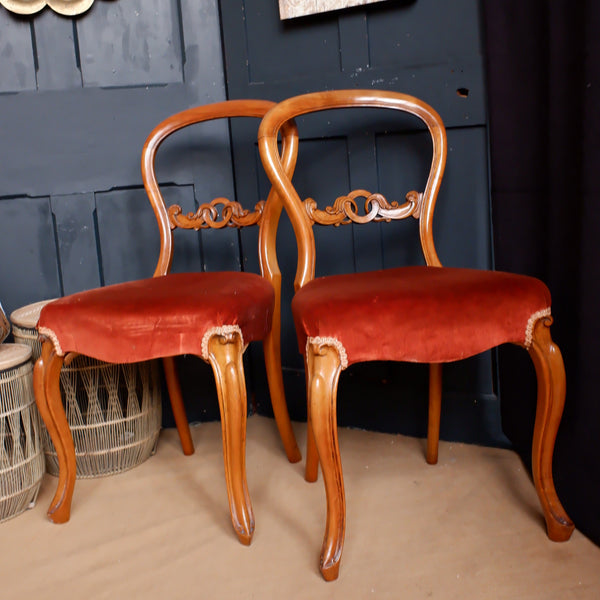 Pair of Antique Victorian Dining Chairs WALNUT Wood Carved Balloon Back