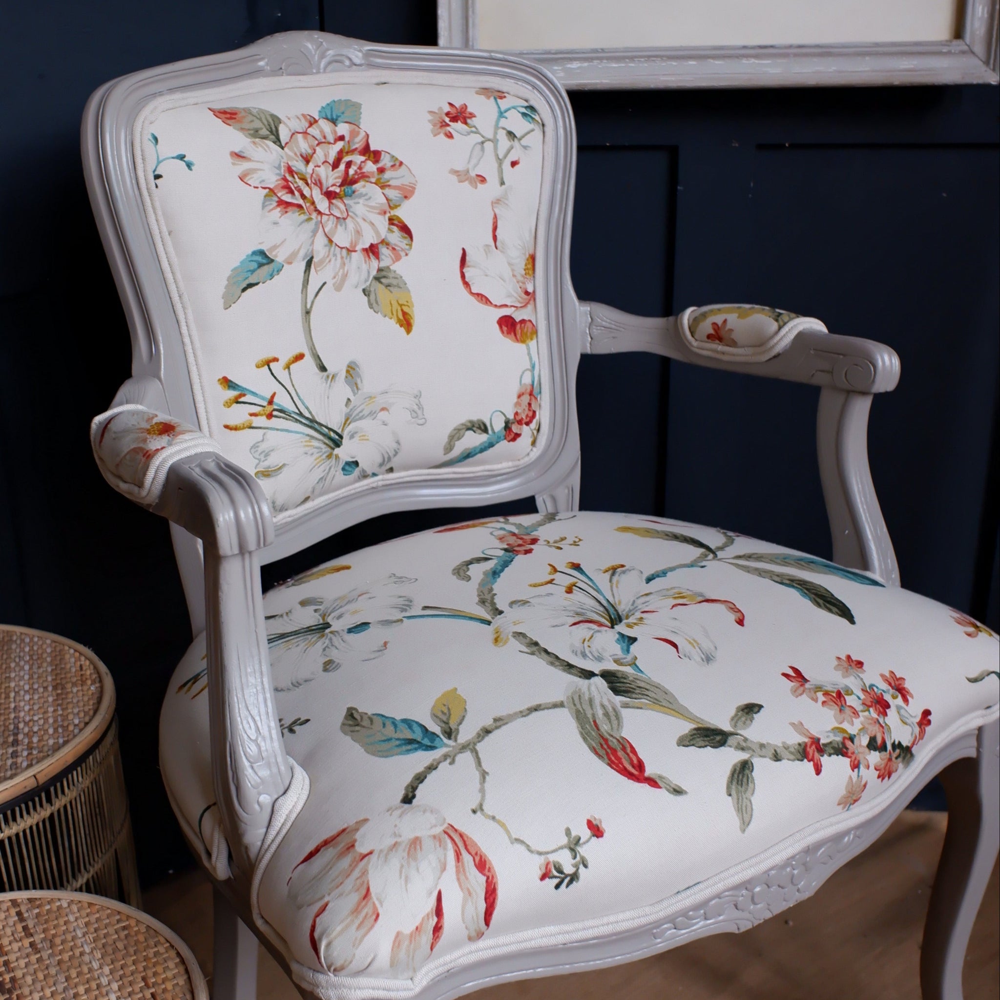 Vintage FRENCH Style Armchair Shabby Chic Painted Grey Chair Linen Sprung Seat