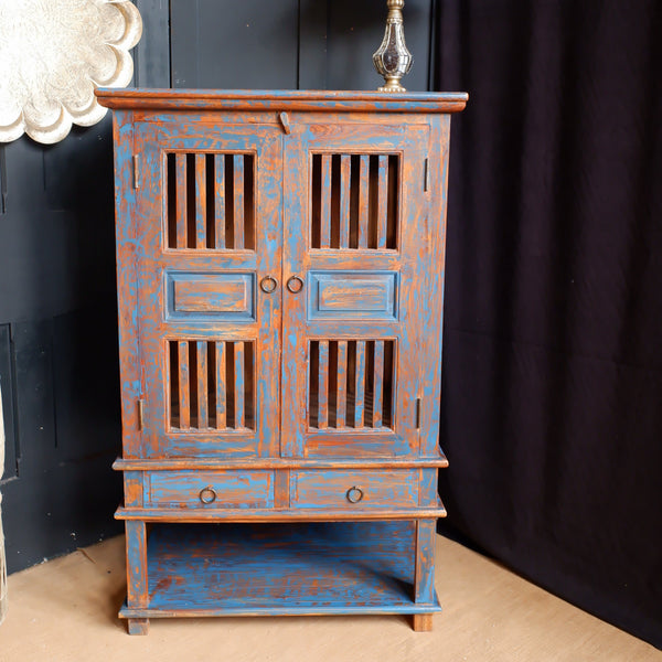 Indian Hardwood Vintage Teal Blue Painted Rustic Cabinet Cupboard Sideboard Unit