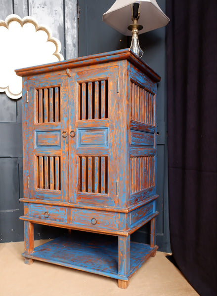 Indian Hardwood Vintage Teal Blue Painted Rustic Cabinet Cupboard Sideboard Unit