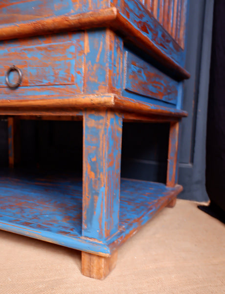 Indian Hardwood Vintage Teal Blue Painted Rustic Cabinet Cupboard Sideboard Unit