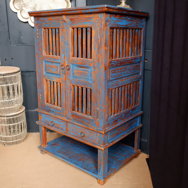 Indian Hardwood Vintage Teal Blue Painted Rustic Cabinet Cupboard Sideboard Unit