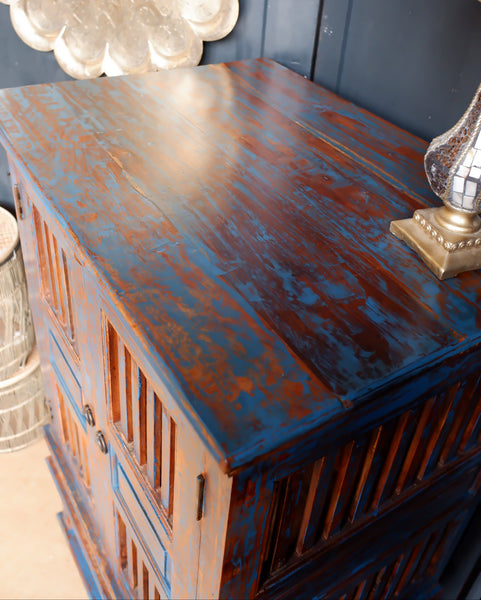 Indian Hardwood Vintage Teal Blue Painted Rustic Cabinet Cupboard Sideboard Unit