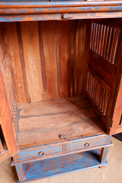 Indian Hardwood Vintage Teal Blue Painted Rustic Cabinet Cupboard Sideboard Unit