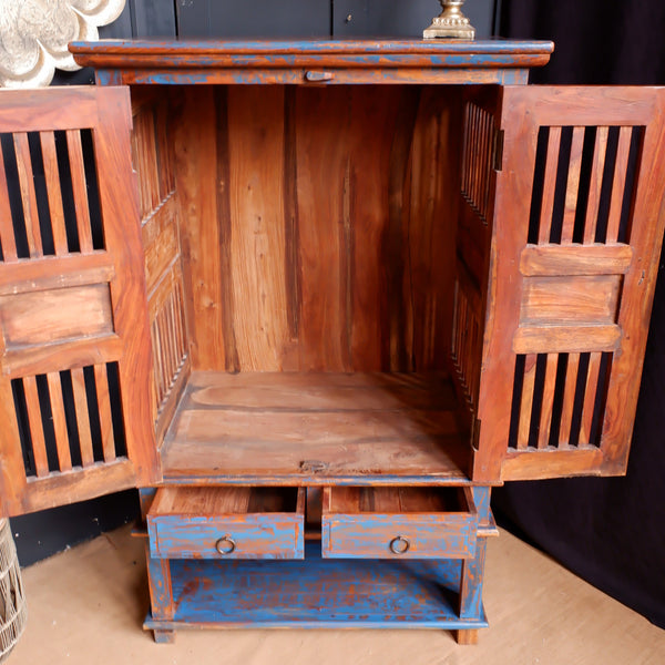 Indian Hardwood Vintage Teal Blue Painted Rustic Cabinet Cupboard Sideboard Unit