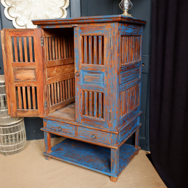 Indian Hardwood Vintage Teal Blue Painted Rustic Cabinet Cupboard Sideboard Unit