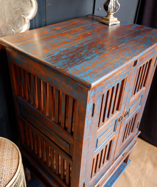 Indian Hardwood Vintage Teal Blue Painted Rustic Cabinet Cupboard Sideboard Unit