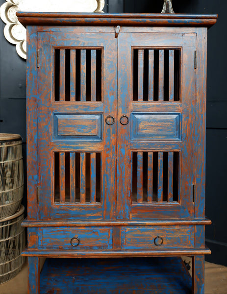 Indian Hardwood Vintage Teal Blue Painted Rustic Cabinet Cupboard Sideboard Unit