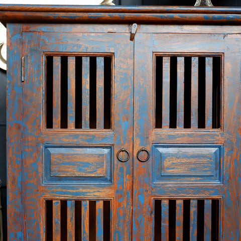 Indian Hardwood Vintage Teal Blue Painted Rustic Cabinet Cupboard Sideboard Unit