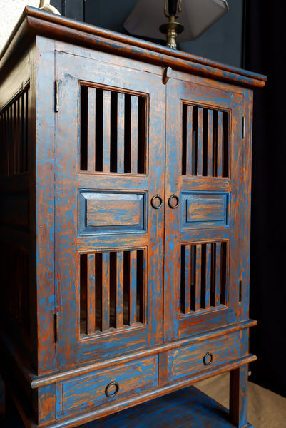 Indian Hardwood Vintage Teal Blue Painted Rustic Cabinet Cupboard Sideboard Unit