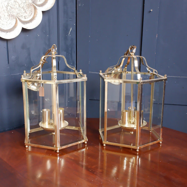 Pair of Vintage Gold Plated Glass Lanterns Chandeliers Pendants 6 Sided Lights