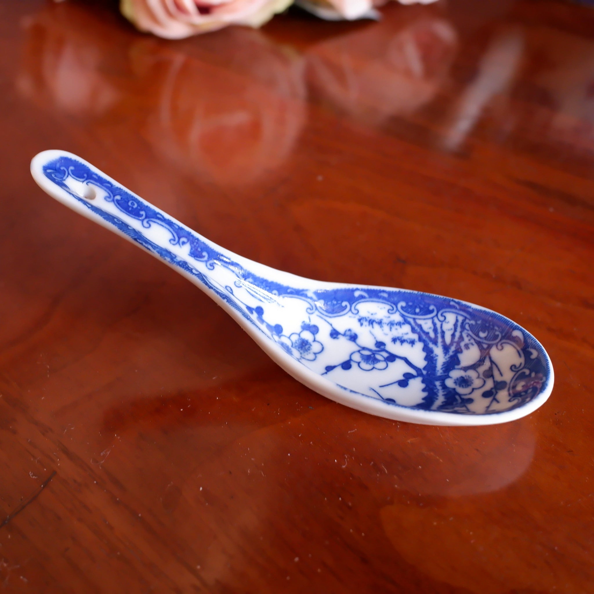 Antique Bone China Blue & White Porcelain Serving SPOON In Cherry Blossom Japanese