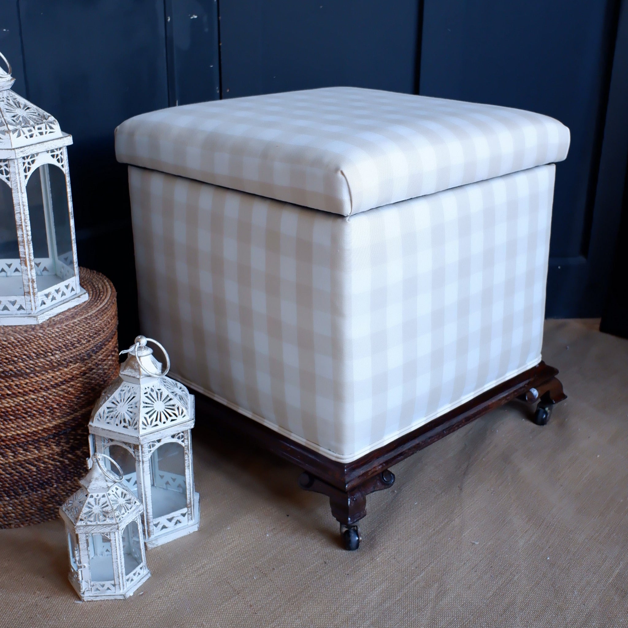 Antique Victorian Rosewood STOOL Cream Check Window Seat Blanket Box w/Storage