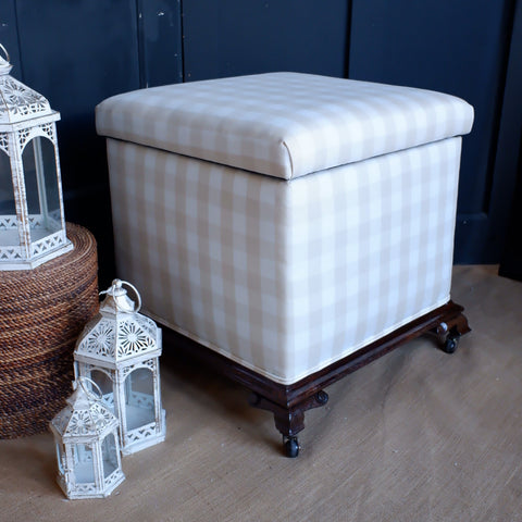 Antique Victorian Rosewood STOOL Cream Check Window Seat Blanket Box w/Storage