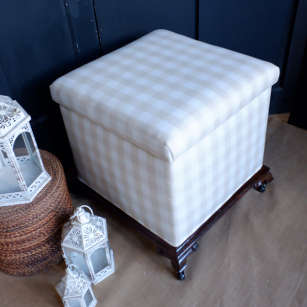 Antique Victorian Rosewood STOOL Cream Check Window Seat Blanket Box w/Storage