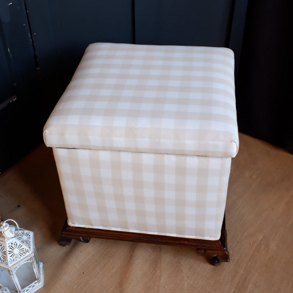Antique Victorian Rosewood STOOL Cream Check Window Seat Blanket Box w/Storage