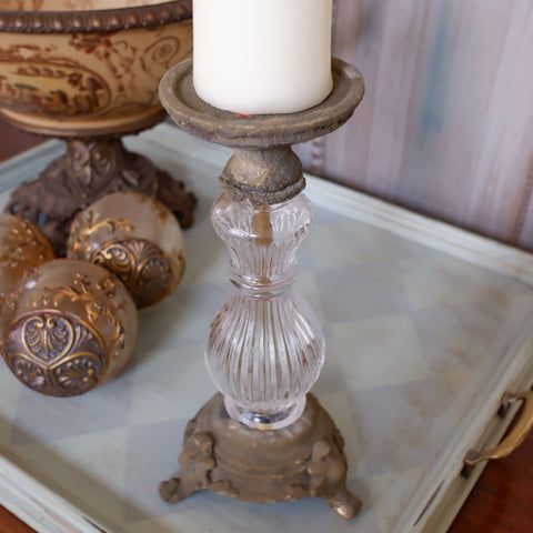 New Vintage French Shabby Chic Rustic Clear Glass Fluted Candlestick Candle Holder