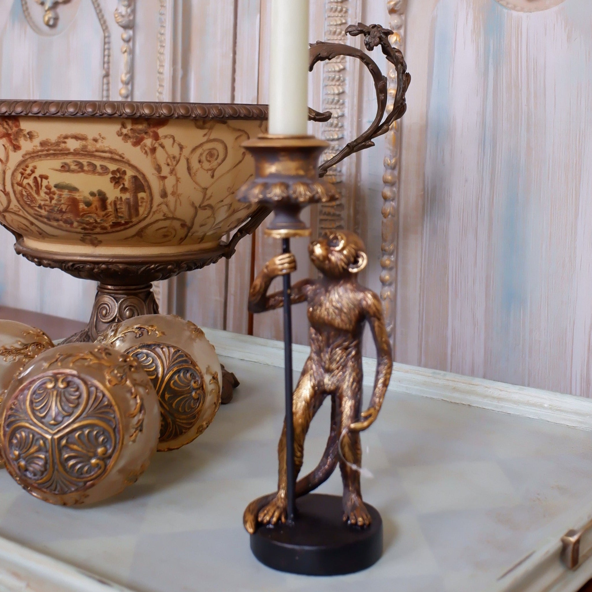 New Vintage French Style Shabby Chic GOLD MONKEY Candlestick Candle Holder