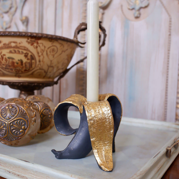 New Vintage French Shabby Chic Black & Gold Peeled BANANA Candle Stick Holder