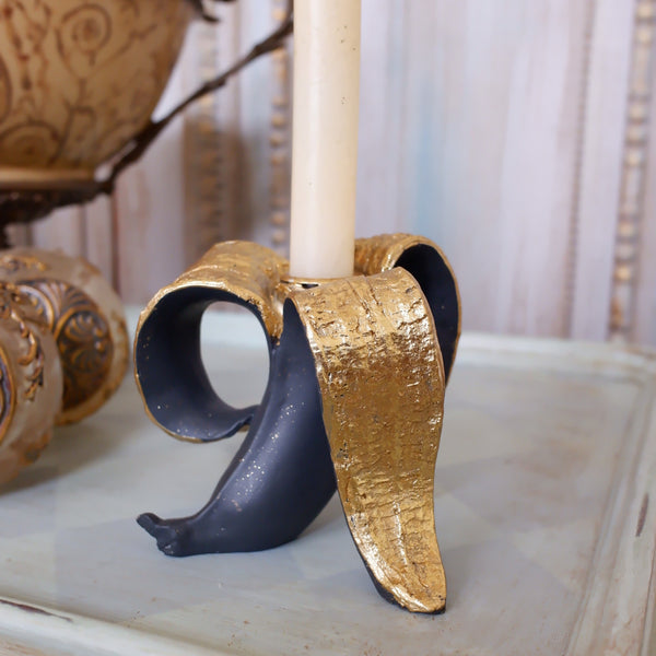 New Shabby Chic Rustic Black & Gold Peeled BANANA Candle Stick Holder