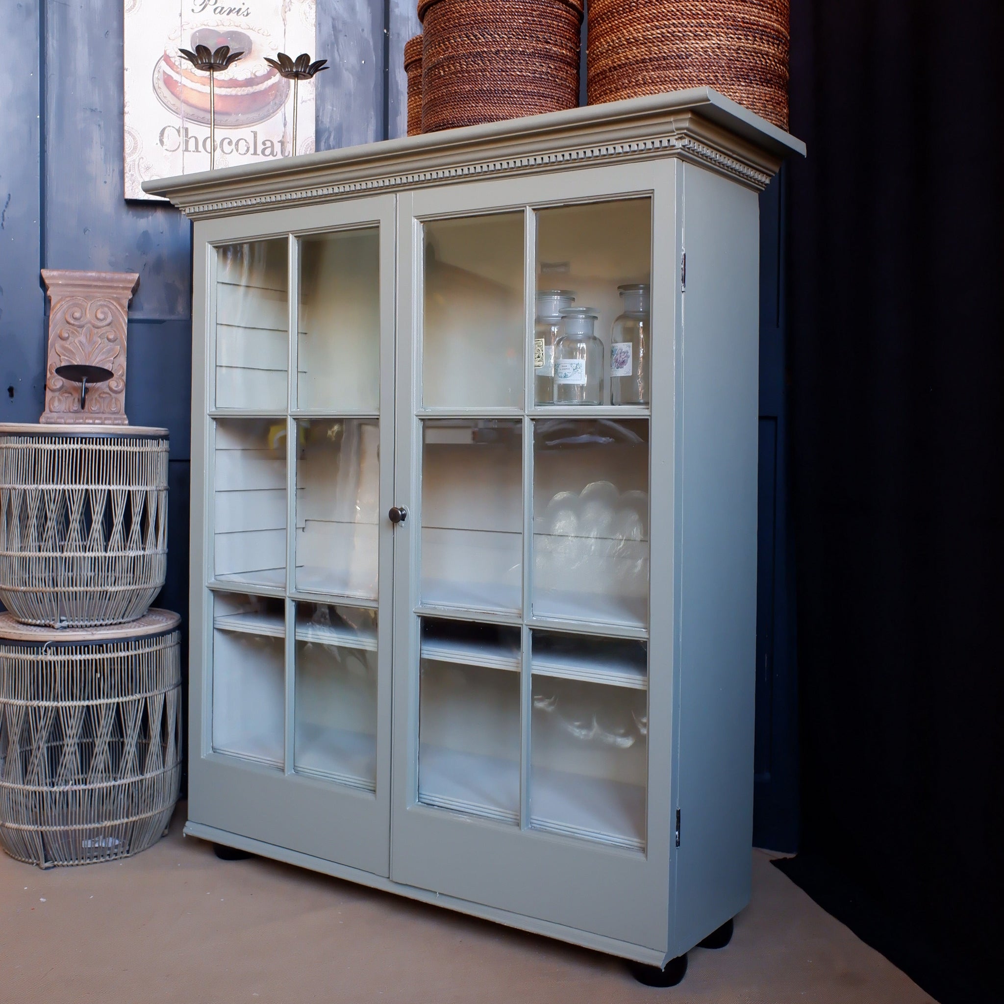 Antique Mahogany Pale GREEN Shabby Chic Display China APOTHECARY Cabinet Cupboard Unit