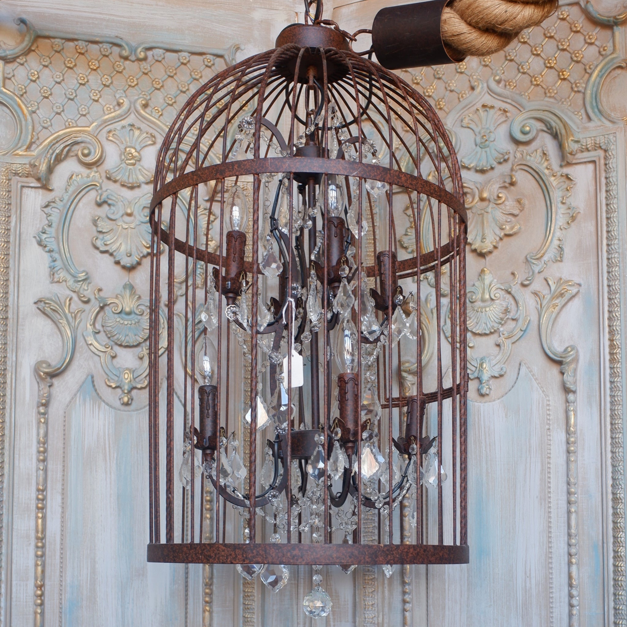 Large 8 Arm BIRD CAGE Chandelier Bronze Finish Crystal Rustic Thick ROPE Ceiling Light