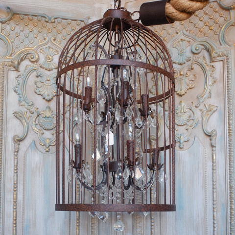 Large 8 Arm BIRD CAGE Chandelier Bronze Finish Crystal Rustic Thick ROPE Ceiling Light