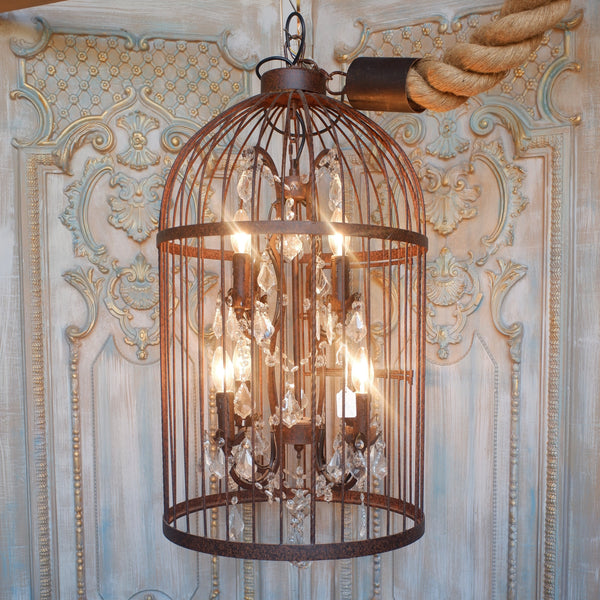 Large 8 Arm BIRD CAGE Chandelier Bronze Finish Crystal Rustic Thick ROPE Ceiling Light