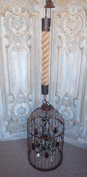Large 8 Arm BIRD CAGE Chandelier Bronze Finish Crystal Rustic Thick ROPE Ceiling Light