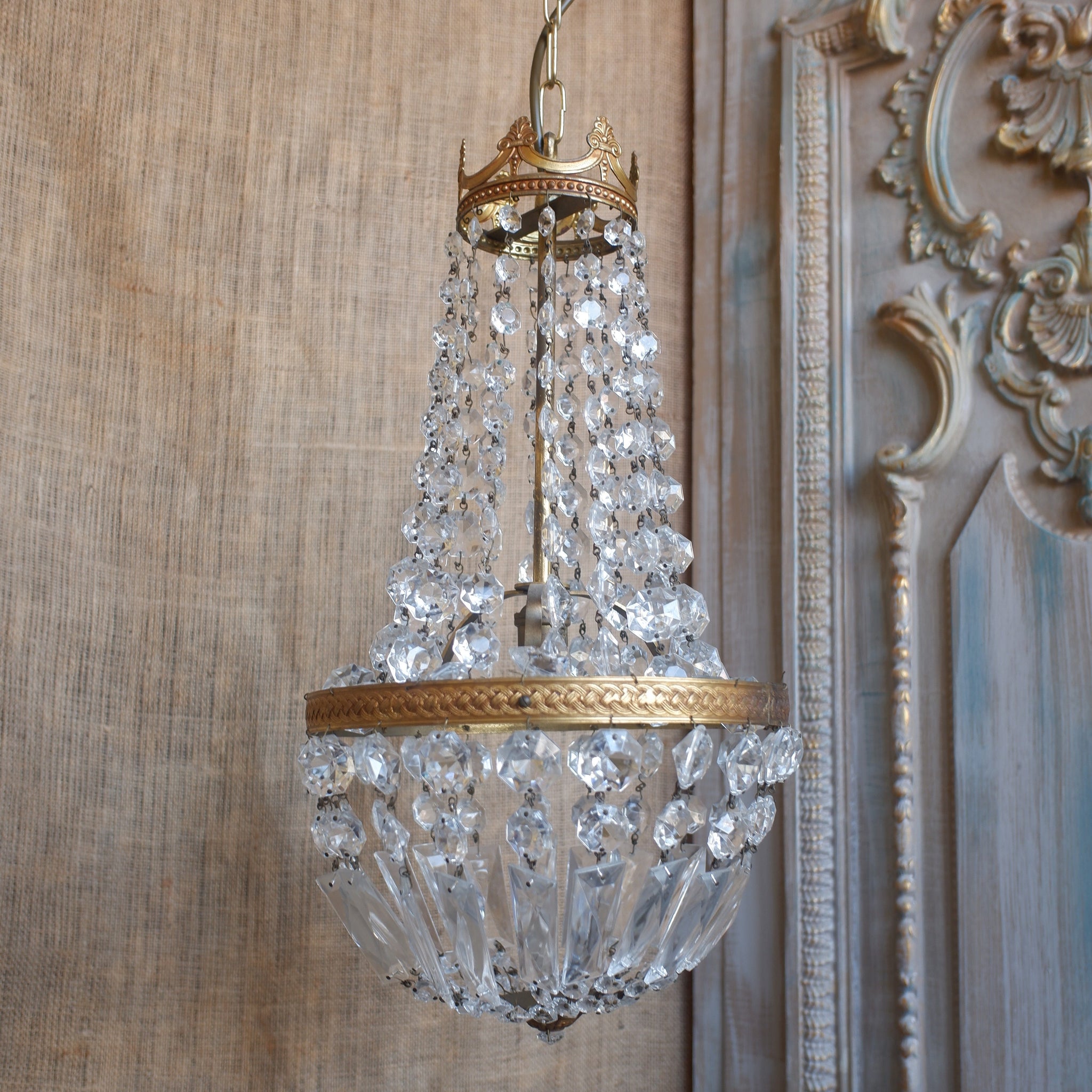 Vintage French LEAD Crystal Cut Glass Bag Chandelier Pendant Ceiling Light