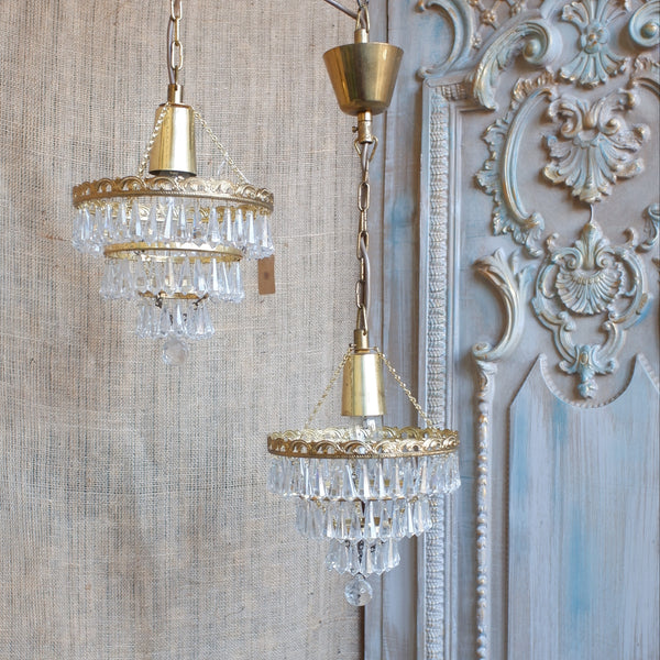 Vintage French Cut Glass Lead Crystal 3 Tiered Chandelier Brass Pendant Ceiling Light